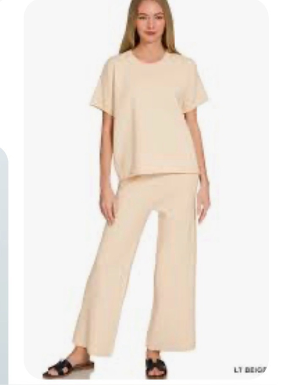 Cozy Cream Textured Loungewear Set - Short Sleeve Top & Wide Leg Pants (Small)